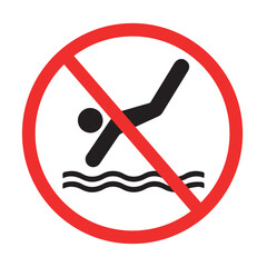 prohibition sign indicating no diving into water with person in red circle, safety warning symbol