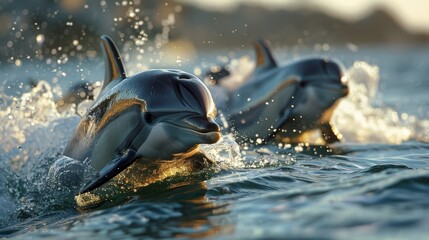Obraz premium A stunning photo captures dolphins gracefully swimming through the sparkling ocean waters, portraying their playful nature and the beauty of marine life in motion.