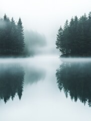 misty foggy Kinfolk minimalist landscape - trees reflected in calm forest lake, peaceful ambiance and reflective beauty of the natural surroundings, serenity and tranquility meditation backdrop
