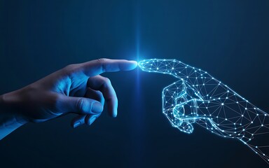 A human hand touching a digital hand made of connected dots on a dark blue gradient background