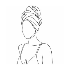 Elegant one line art illustration of a woman with a towel wrapped on her head