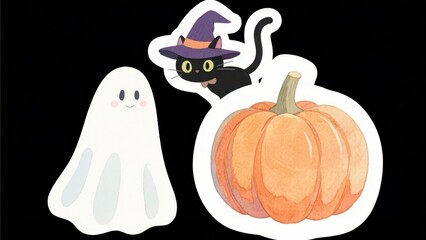 A whimsical Halloween scene featuring a cute ghost, a black cat with a witch hat, and an orange pumpkin, perfect for autumn-themed designs and festive greeting cards .