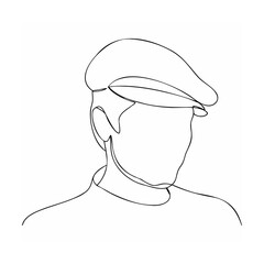 Minimalist continuous line art portrait of a man wearing a flat cap and looking down