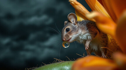 Obraz premium Small Brown Mouse on Sunflower Petals Closeup