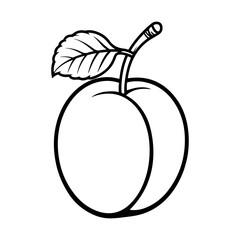 Line art illustration of a single peach with leaf