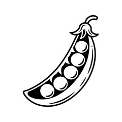 Black and white illustration of a pea pod with peas