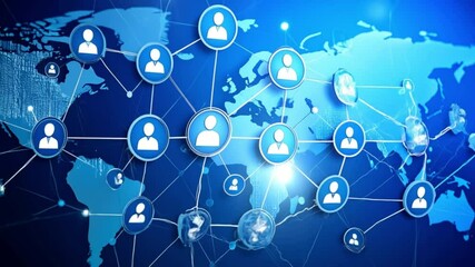 A glowing blue digital network map with people icons symbolizing social connections online communication and global interaction - Powered by Adobe