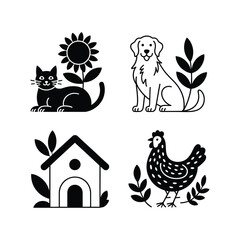 Home and Bloom Vector Set – Cute Cat, Dog, Chicken, House & Floral Elements in Black Silhouette Style