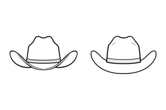 Detailed black and white technical line drawing of a cowboy hat viewed from front and back. The illustration highlights the structured crown, wide curved brim, stitched hatband, and classic.