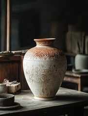 handmade and ceramics concept. A large handmade ceramic urn with bold, hand-carved details, displayed in an authentic studio setting