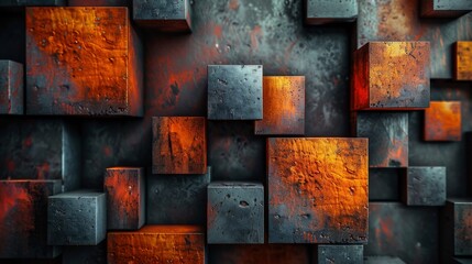A captivating arrangement of abstract cubes with a rusty texture, evoking feelings of industrial aesthetics, depth, and innovative design through vibrant colors and strong shapes.