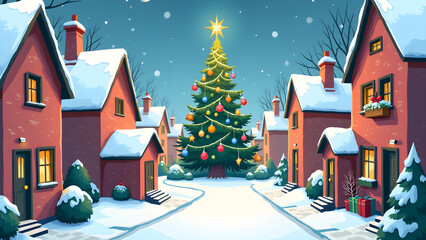 Illustration of a winter street with houses and christmas tree.