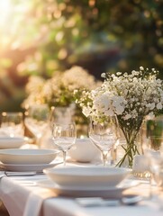 Elegant wedding dinner table setting decorated with white dishes, flowers in glass vases at bright summer sunset. Festive atmosphere, luxury party event. Romantic details, beautiful dining reception.