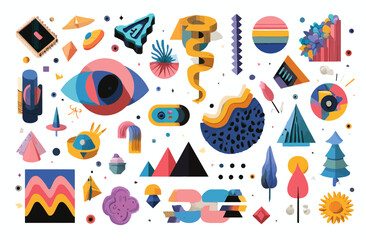Vibrant Abstract Psychedelic Art Collage Vector Illustration of Geometric Shapes and Surreal Elements