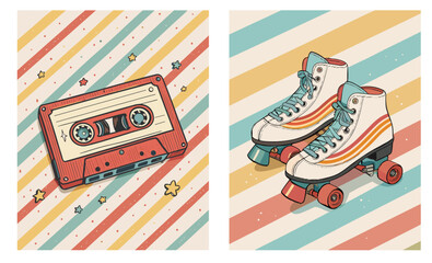 Naive drawing set of two vector images for retro decor: vintage cassette tape and roller skates from the 70s for nostalgic atmosphere
