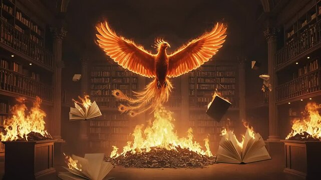 Phoenix rising from burning books in ancient library, knowledge and rebirth concept