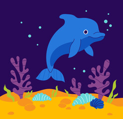 Cute Dolphin with algae, shell, coral and seabed on dark blue background. Vector illustration