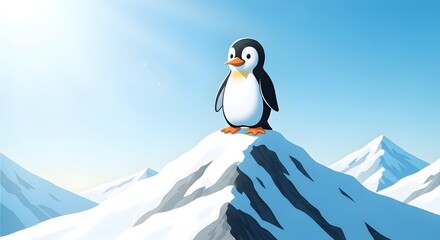 Obraz premium Penguin on snowy mountain peak left view