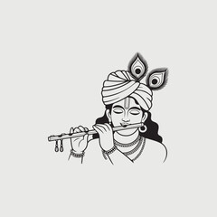 Fototapeta premium Krishna artwork with flute and peacock feather in traditional indian black and white religious vector design