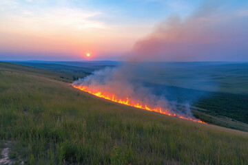 burning grass on a hillside in an evening landscape