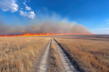massive prairie fire, dry grass burning in the prairie
