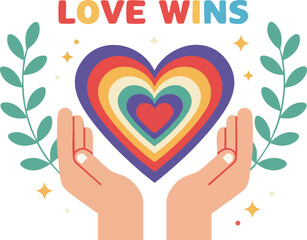Rainbow heart held by hands with love wins text colorful pride illustration 