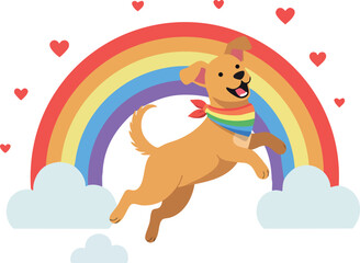 Happy dog jumping under a colorful rainbow with hearts and clouds 