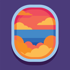 Airplane window view of a sunset with clouds over the ocean in flat design