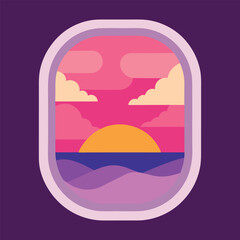Airplane window view of tropical sunset over ocean landscape illustration
