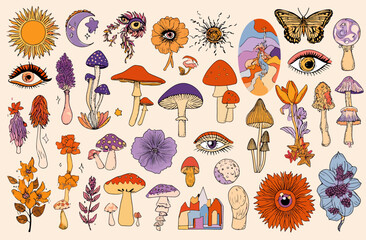 Groovy 70s Psychedelic Mushroom & Floral Vector Graphics Set
