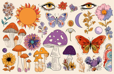 Groovy 70s Psychedelic Vector Art Set Sun, Moon, Flowers, Mushrooms, Butterflies