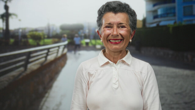 Senior woman with grey hair smiling gracefully while standing on a seaside promenade, surrounded by the serene beauty of the beach under a clear sky. - Powered by Adobe