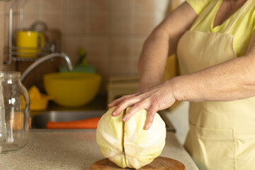Close-up of a mature woman’s hands slicing cabbage — traditional vegetable preparation for homemade fermented dishes.