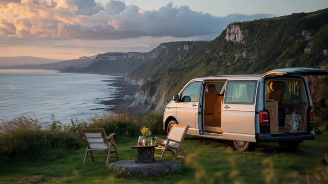 Modern camping car parked on a mountain cliff beside a table and chairs, creating a cozy atmosphere with a breathtaking panoramic view.

