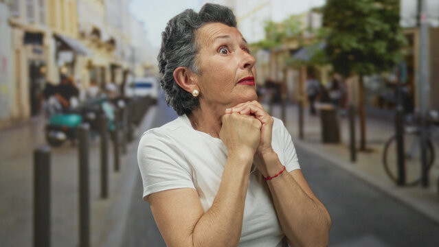 Senior woman with grey hair looks upwards thoughtfully on a bustling urban street, capturing a poignant moment in a vibrant city setting.