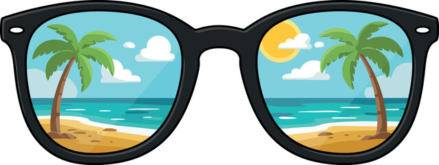 Summer Beach Sunglasses Graphic Element with Palm Trees and Ocean View