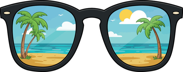 Summer Beach Sunglasses Graphic Element with Palm Trees and Ocean View