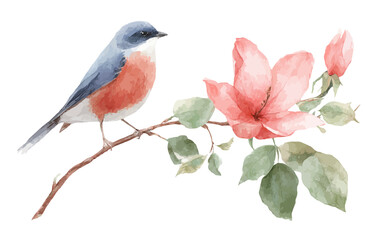 Watercolor Painting of a Bird Perched on a Delicate Pink Flower Branch