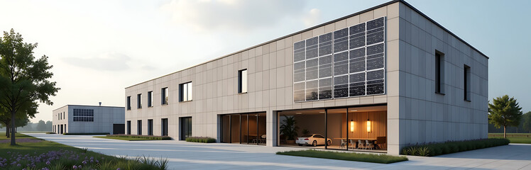 Obraz premium repurposed industrial warehouse incorporating solar panel facades minimalist scandinavian style photorealistic