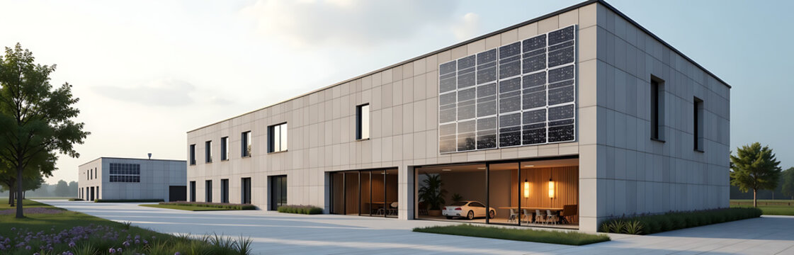 Fototapeta repurposed industrial warehouse incorporating solar panel facades minimalist scandinavian style photorealistic
