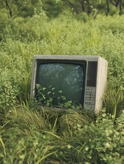 Old computer monitor resting on overgrown grass