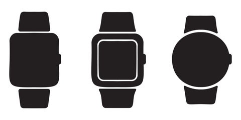 Smartwatch icon set in black silhouette featuring modern digital wearable technology with varied face shapes