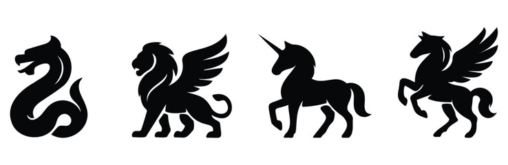 Mythical creature logotype silhouette icon set featuring dragon, griffin, unicorn, and pegasus in fantasy black shapes