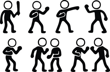 Stick figure combat action silhouette icon set showing various martial arts and weapon fighting pose