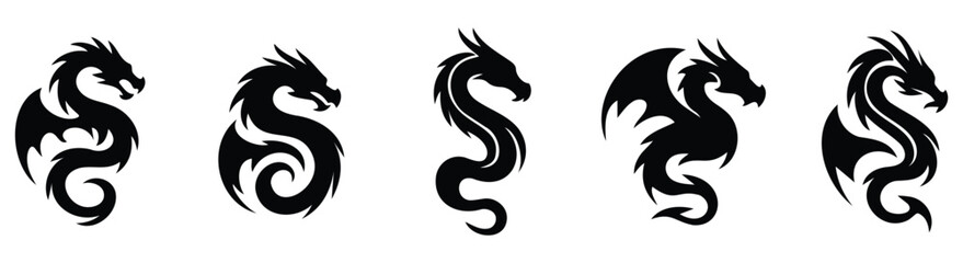Stylized dragon silhouette icon set in curved and fierce black fantasy forms