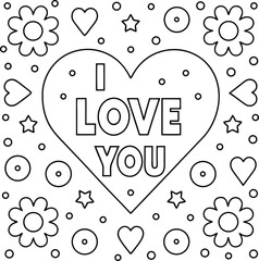 Fototapeta premium Line Art Heart with I Love You, Stars, Flowers, Hearts and Dots on White. Coloring Page, Vector Illustration