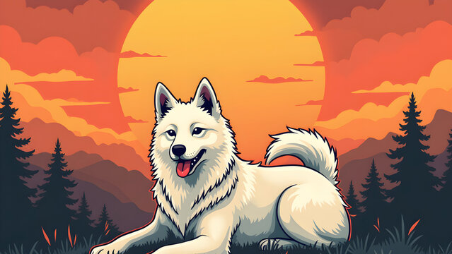 Retro Inspired American Eskimo Dog and Sunset Art