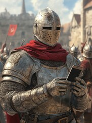 Fototapeta premium A silver-armored knight with a red scarf smiles, holding a cellphone in a historical setting with other knights in the background.
