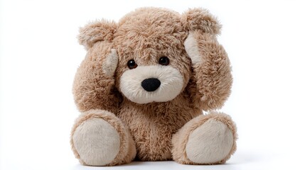 Adorable teddy bear covering ears in a playful pose