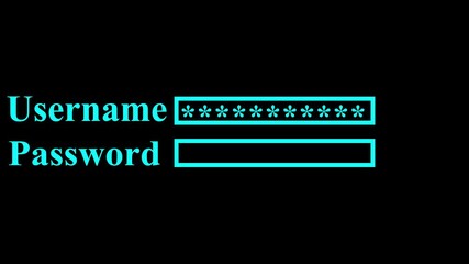 Animation process of entering username and password with access denied screen and check mark on black background.